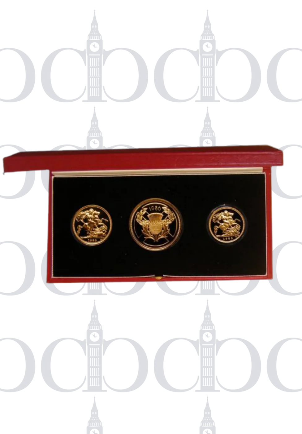 1986 Gold Proof Three Coin Sovereign Set Queen Elizabeth II Commonwealth Games reverse by Benedetto Pistrucci